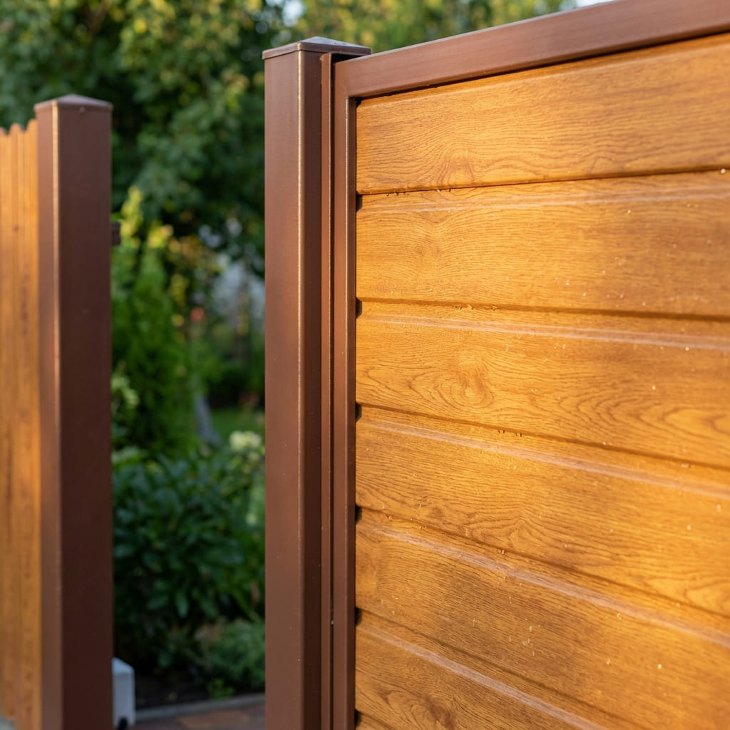 Schiebetor mit Kunststofffüllung in Holzoptik