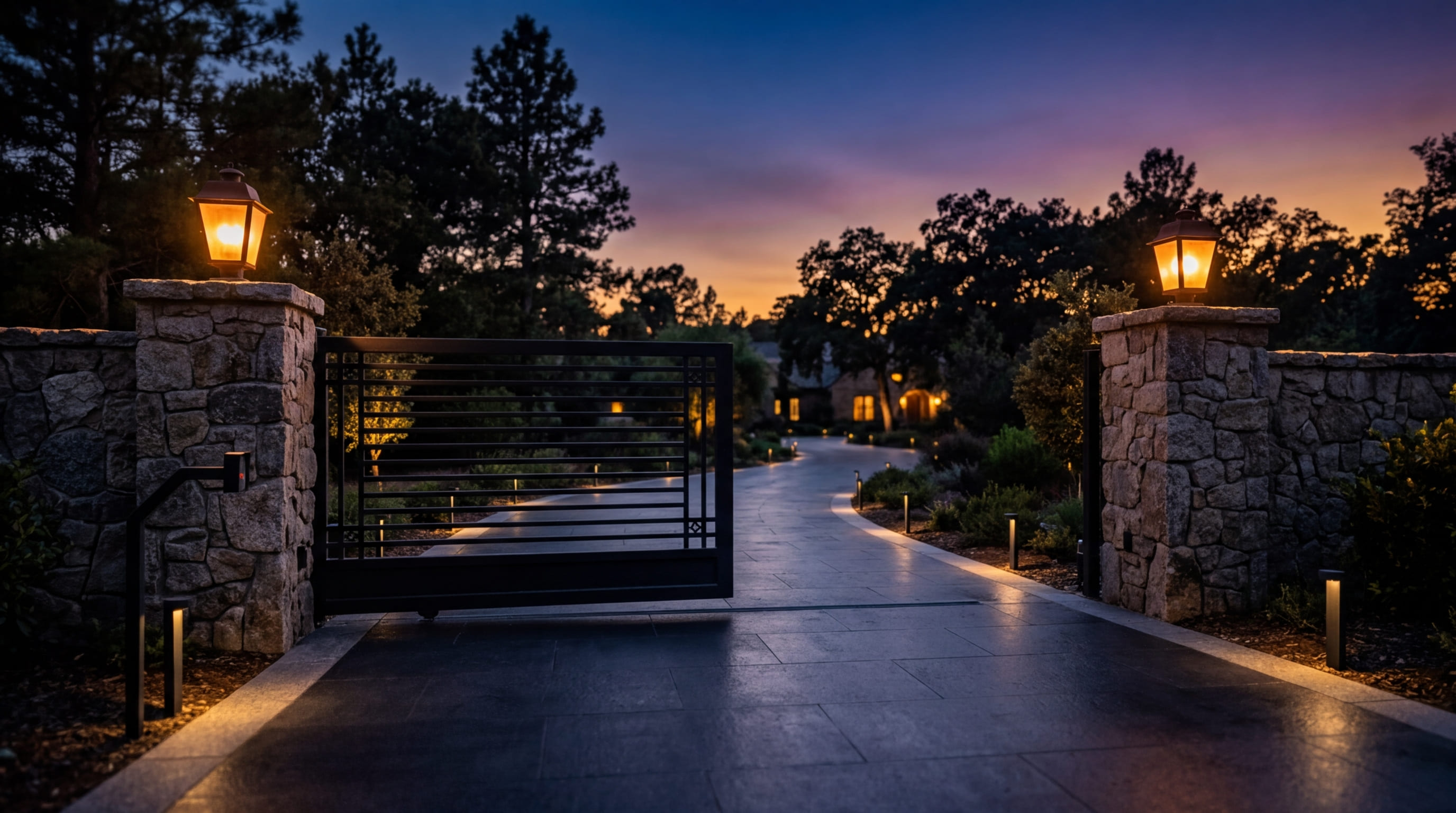 Automatisches Metalltor bei Nacht – TREZA Torantrieb