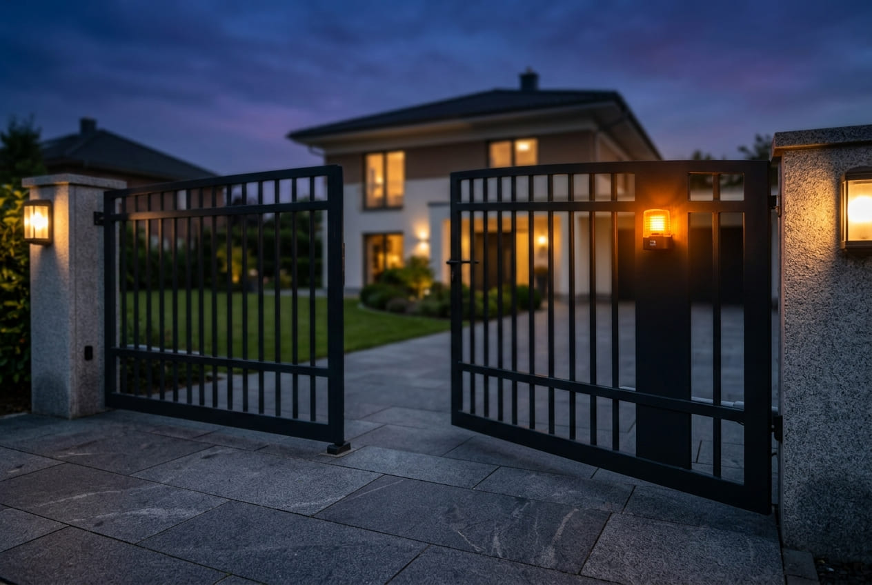 Warnleuchte am automatischen Metalltor – orangefarbenes Blinklicht