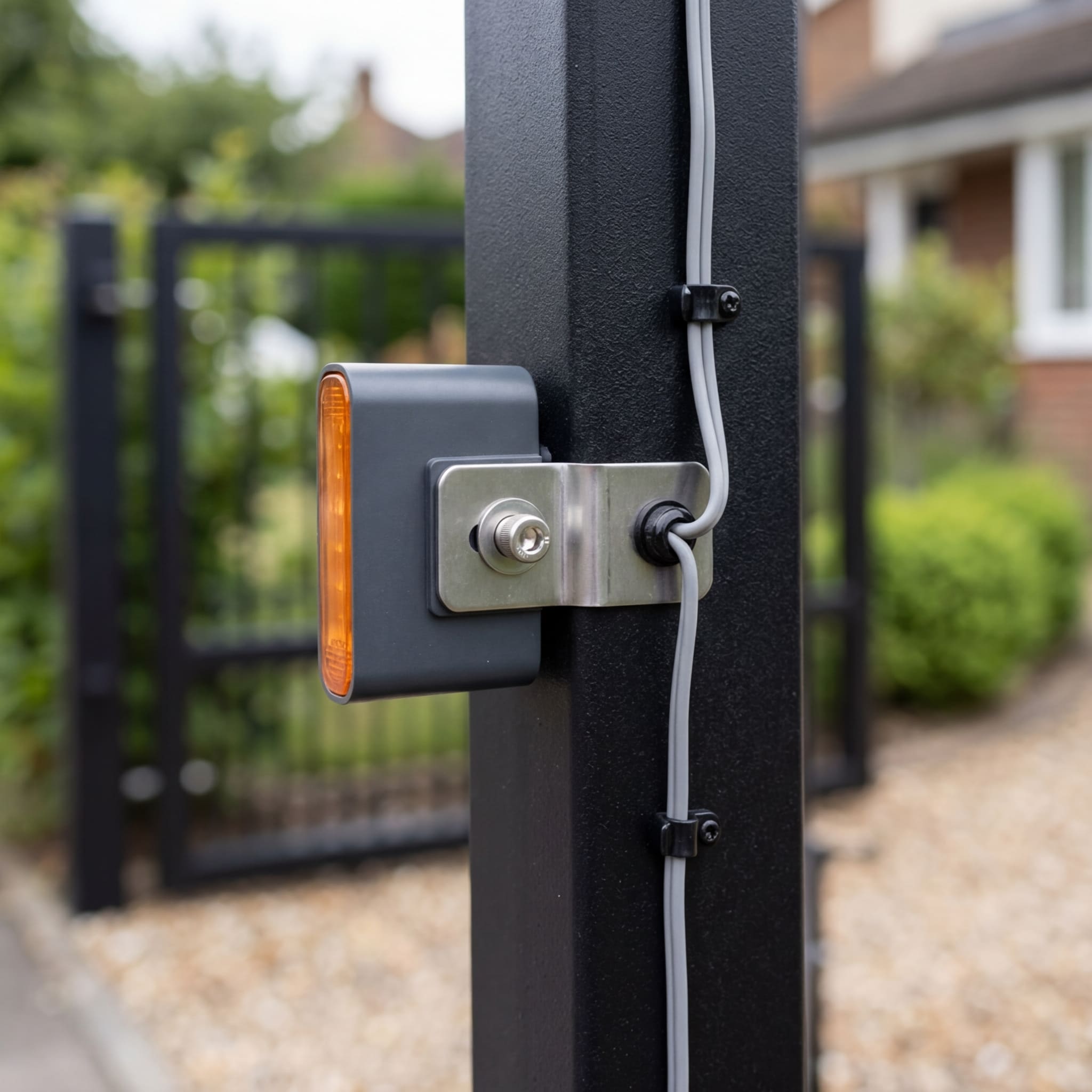 Warnleuchte montiert am Torpfosten – Detailaufnahme Verkabelung